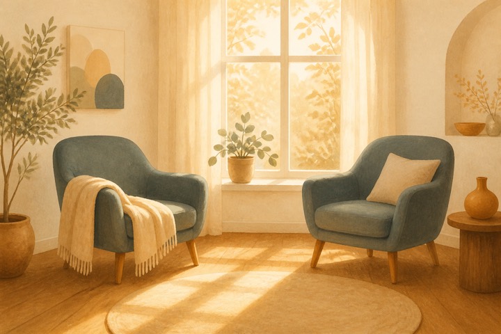Two soft slate blue armchairs facing each other beside a sunlit window