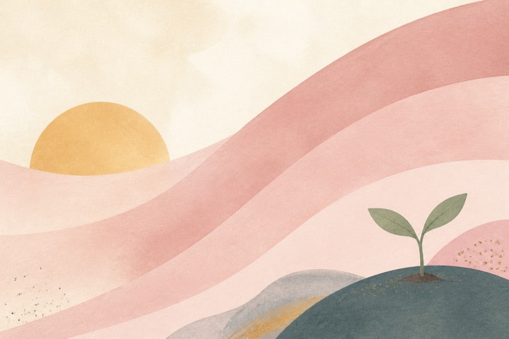 Soft dusty rose arcs sweeping upward toward a rising sun with a small green seedling