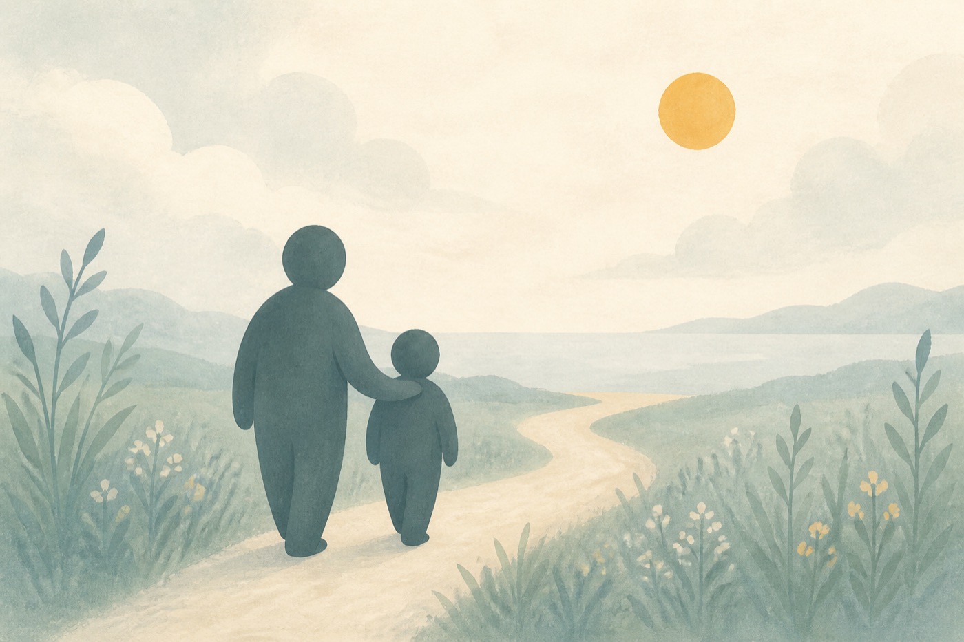An adult and a child walking together along a curving path through soft green hills