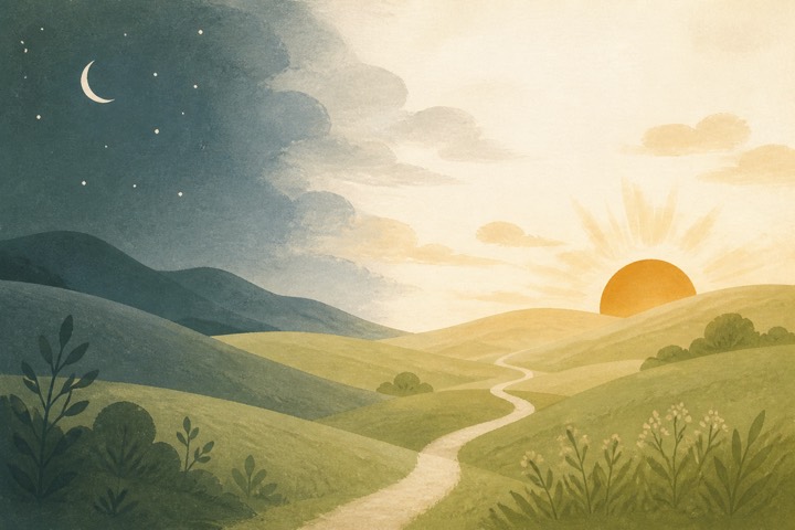 A landscape moving from a crescent moon over dark hills into a rising sun over green fields