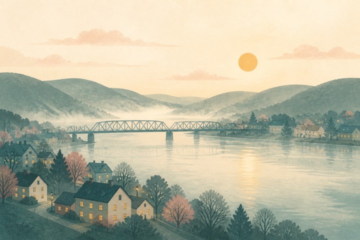 A misty river at dawn with a truss bridge and a small river town along the near bank